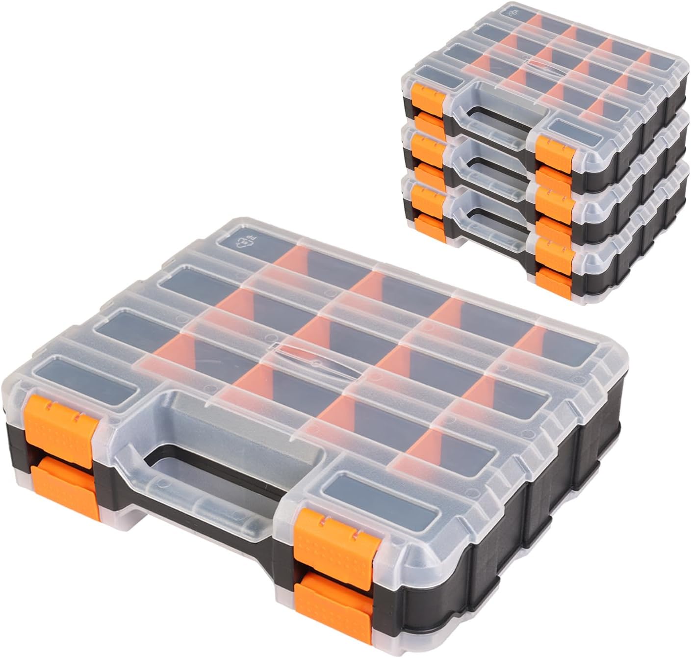 Jack Boss Tool Box with Transparent Lid, Double Side 34-Compartments Organizer Box with Removable Dividers for Hardware, Screws, Bolts, Nails, Beads, Jewelry and Fishing Accessories, Orange, 2 Pack