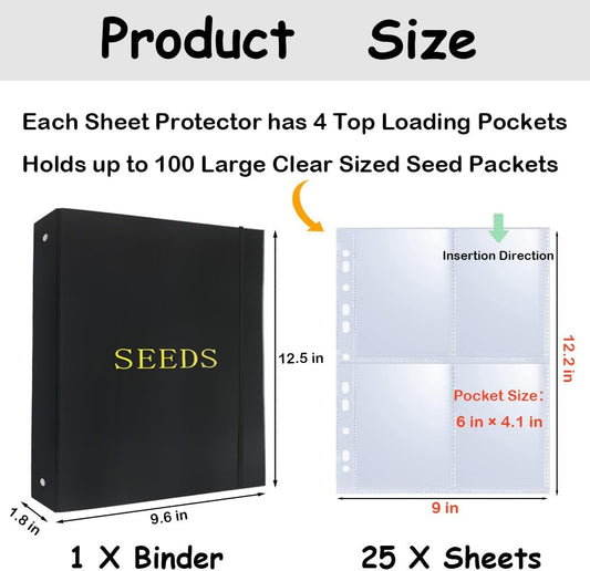 Seed Storage Organizer Binder, 3 Ring Seed Packet Organizer with 100 Pockets(25 Pack Clear Sheet Protectors), Garden Seed Holder Book for Envelopes, Seed Saving Keeper, Green