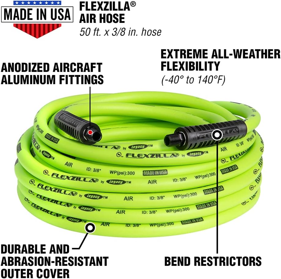 Flexzilla Open Face Retractable Air Hose Reel, 3/8 in. x 50 ft., Heavy Duty, Lightweight, Hybrid, ZillaGreen - L8611FZ