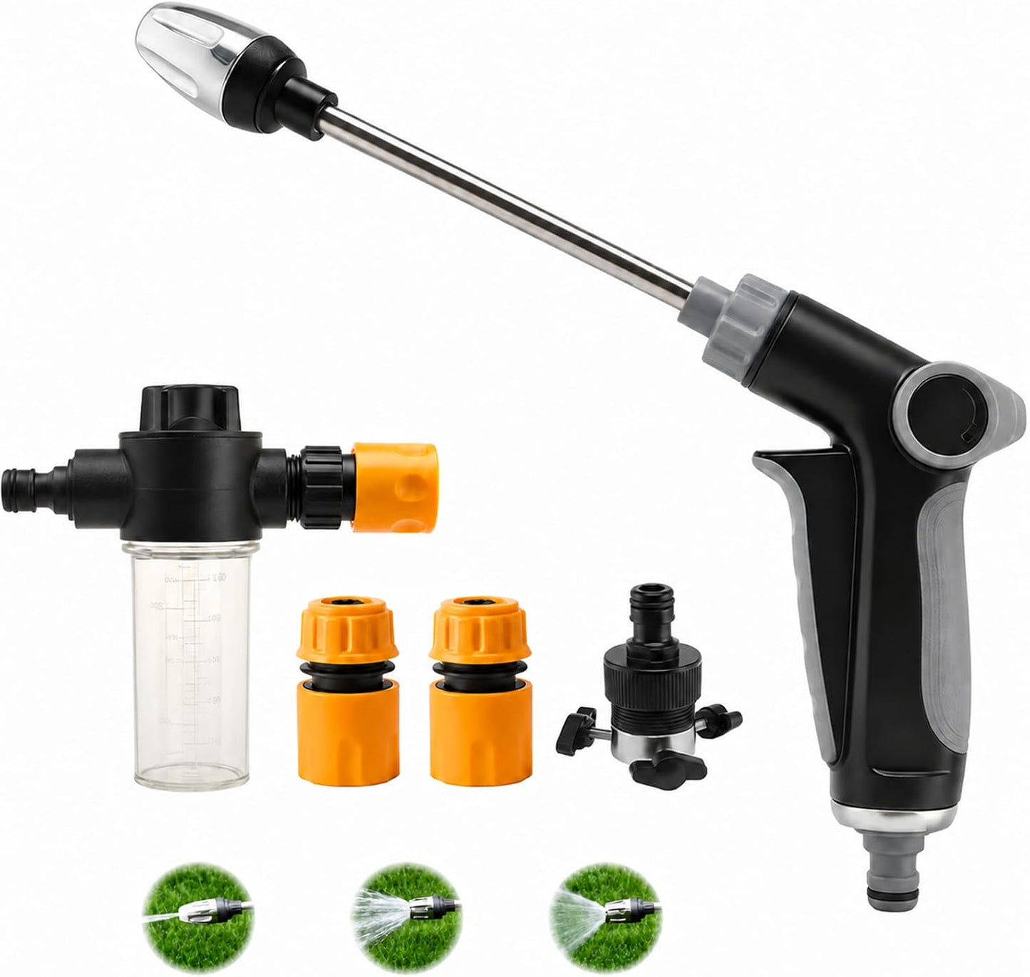 Pressure Washer Wand, High Pressure Hose Nozzle 3 Spray Patterns, 360° Rotating Heavy Duty Cleaning Gun for Garden Hose, Outdoor Cleaning for Car, Patio, Siding (Gun+Connector Pot + 3 connectors)