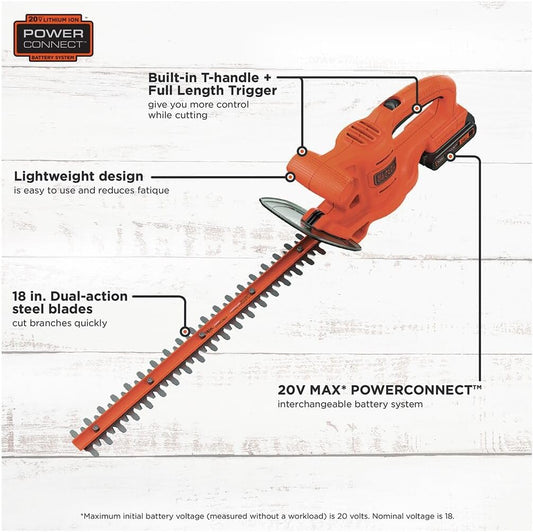 BLACK+DECKER 20V MAX Hedge Trimmer Cordless, 18 inch Blade, (1) Battery and Charger Included, Light Weight Reduced Vibration, Bush Trimmer Hedger (LHT218C1)
