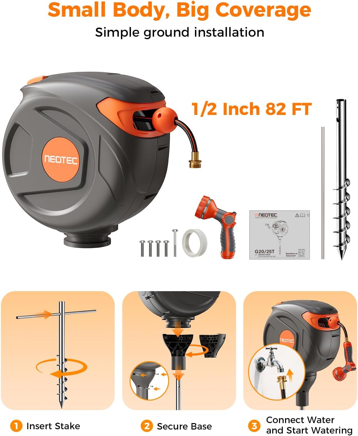 Retractable Garden Hose Reel 360° Swivel 82 ft 1/2 Inch Ground-Mounted Freestanding Water Hose Reel No-Drill Installation Any-Length Lock 20% Slow Return for Large Yard Lawn Car Washing