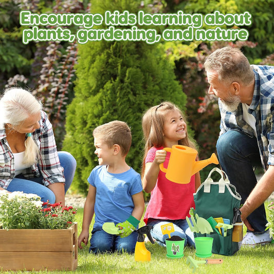 Kids Gardening Tool Set, 20PCS Gardening Toys Includes Metal Rake,Fork,Trowel,Apron,Gloves,Watering Can,Tote Bag and Strickers, Garden Tool Kit for Kids, Outdoor Toys Gift for Boys Girls