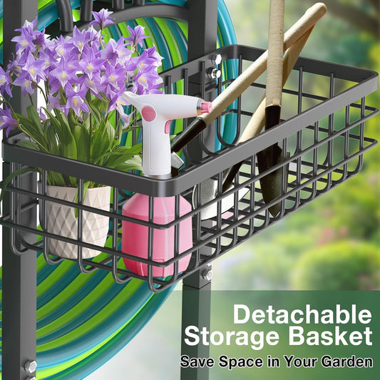 Garden Hose Holder with Large Basket, Heavy Duty Hose Reel, Black