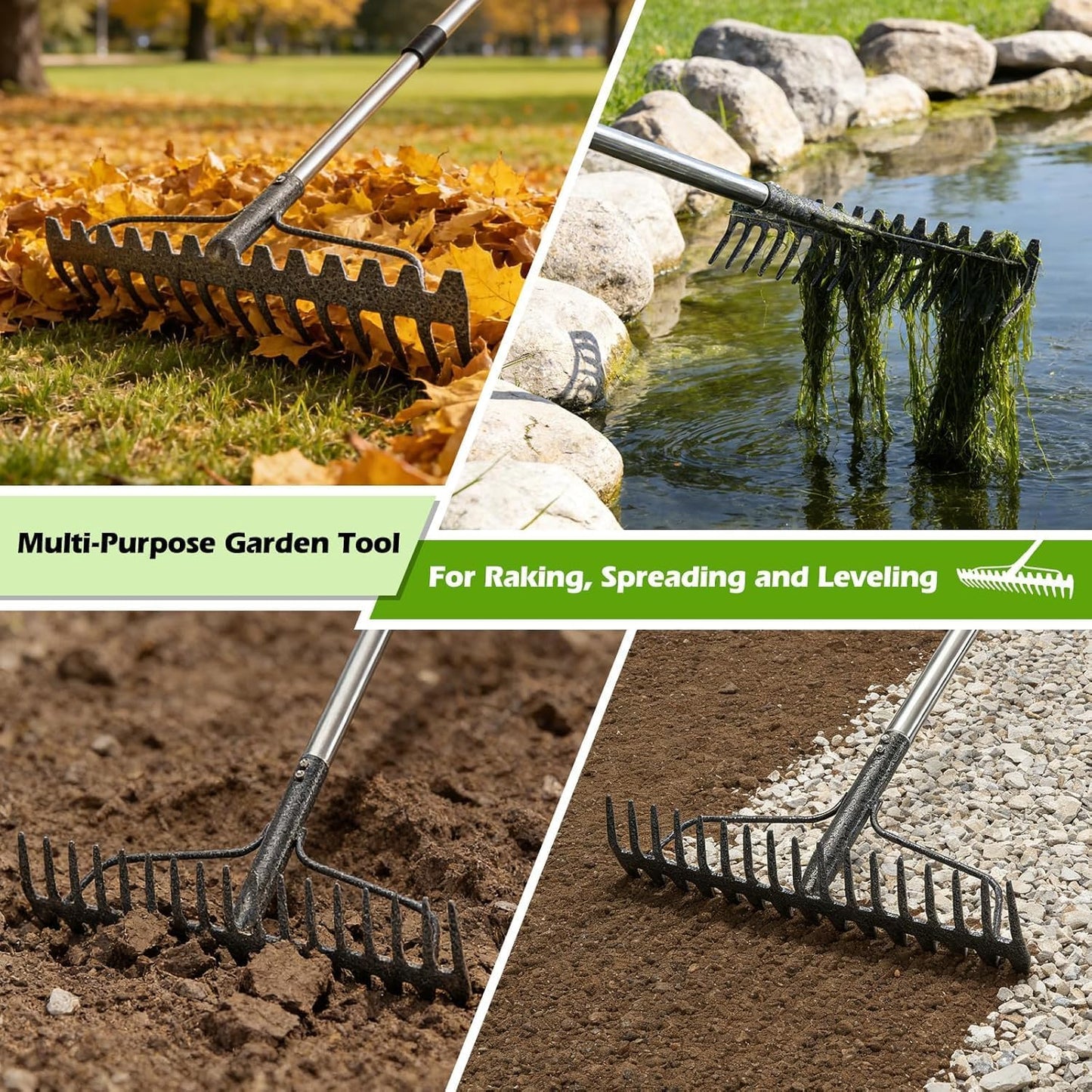 4FT Bow Rake,Heavy Duty Metal Garden Rake for Moving Gravel Loosening Soil Leveling Ground Gathering Leaf Debris Spreading Mulch, 17 Tines,Adjustable Handle, for Lawn Garden Farm Landscape Work