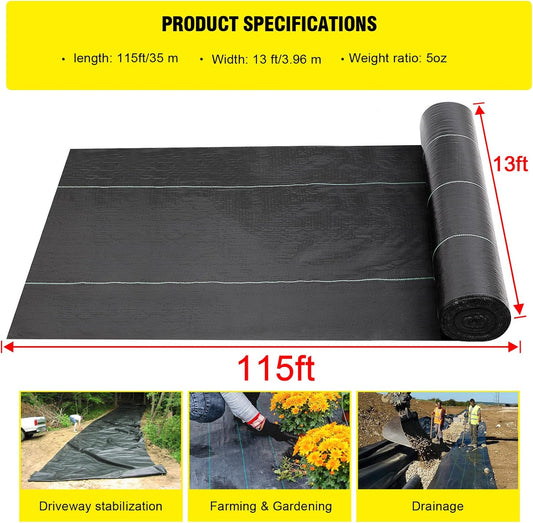 Driveway Fabric,13x115 ft Road Fabric Commercial Weed Barrier Fabric, Landscape Fabric Heavy Duty 5OZ French Drain Fabric for Erosion Control,Landscape Fabric,Weed Barrier,Construction Projects