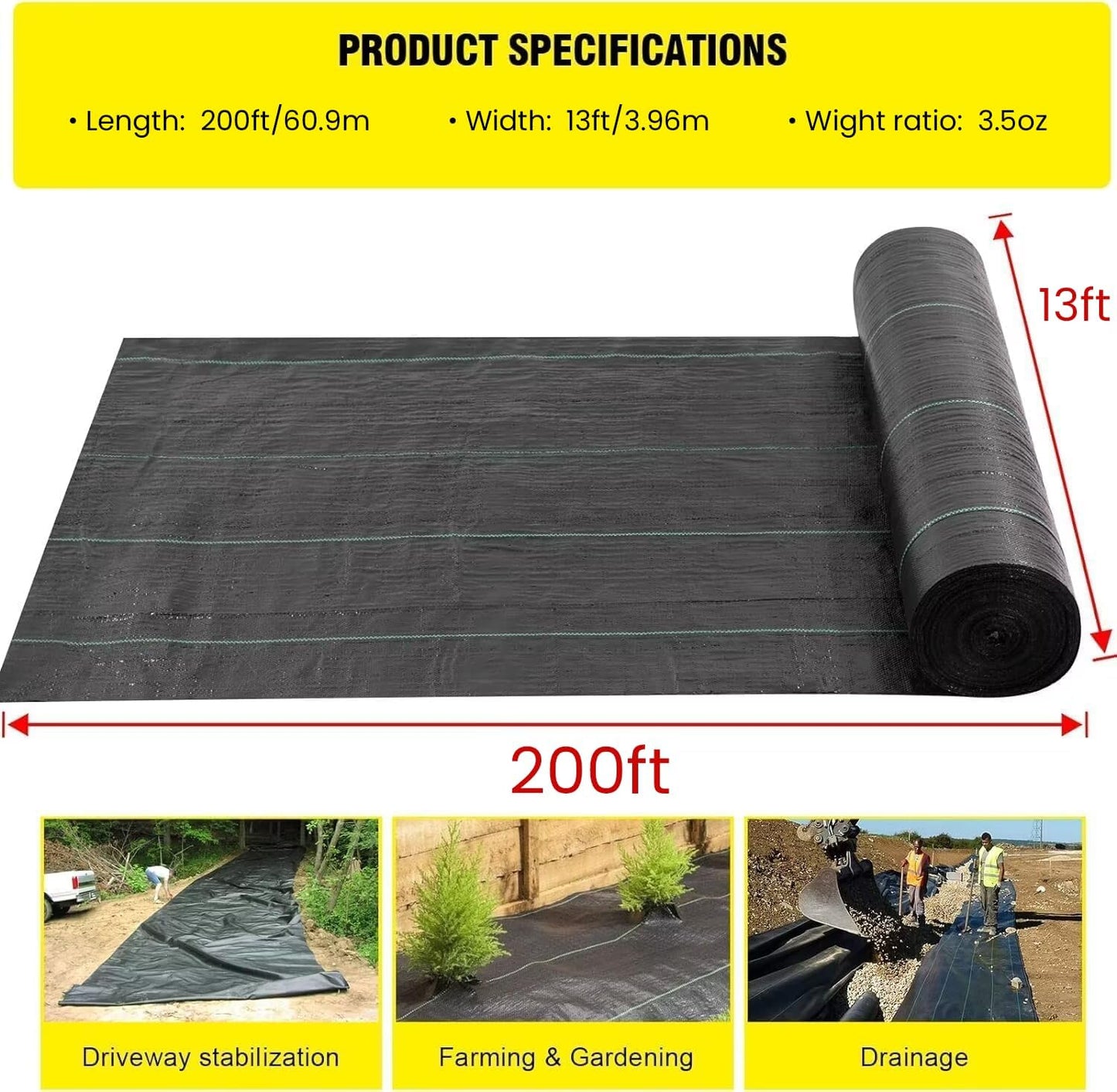Driveway Fabric,13x115 ft Road Fabric Commercial Weed Barrier Fabric, Landscape Fabric Heavy Duty 5OZ French Drain Fabric for Erosion Control,Landscape Fabric,Weed Barrier,Construction Projects