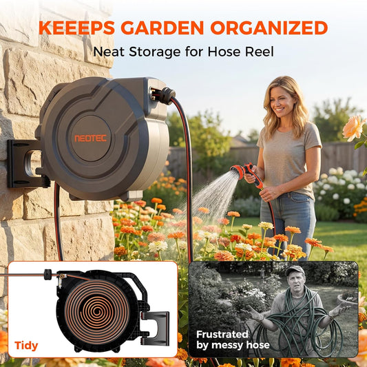 Upgraded Retractable Garden Hose Reel 1/2 inch x 130 ft 9 Pattern Nozzle Heavy Duty Wall-Mounted Any Length Lock Automatic Slow Return 180° Swivel UV Resistant Hose Reels for Outside