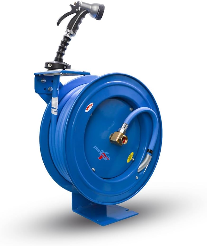 BLUSEAL BSWR5850 Retractable Hose Reel with 5/8" x 50' Hot Water Rubber Hose, 6' Lead-in, 500 PSI, Brass Fittings, Swivel Mount Hose Reel, 9 Pattern Spray Nozzle