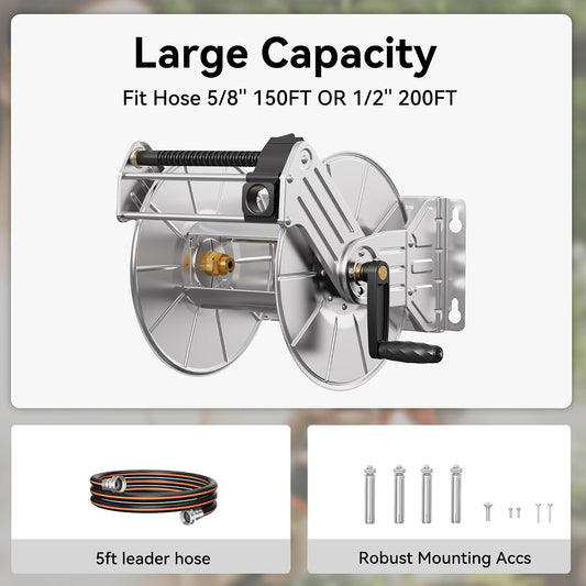 Stainless Steel Garden Hose Reel Heavy Duty, Wall/Floor Mounted Stainless Water Hose Reel Retractable with Crank, 150-Feet 5/8" Hose Capacity