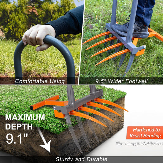 Broadfork Garden Tool, 9 Tines Heavy Duty Broad Fork Hand Tiller, 2-in-1 Garden Pitchfork with Ergonomic U-Shaped Handle, Spading Digging Fork for Gardening, Cultivating