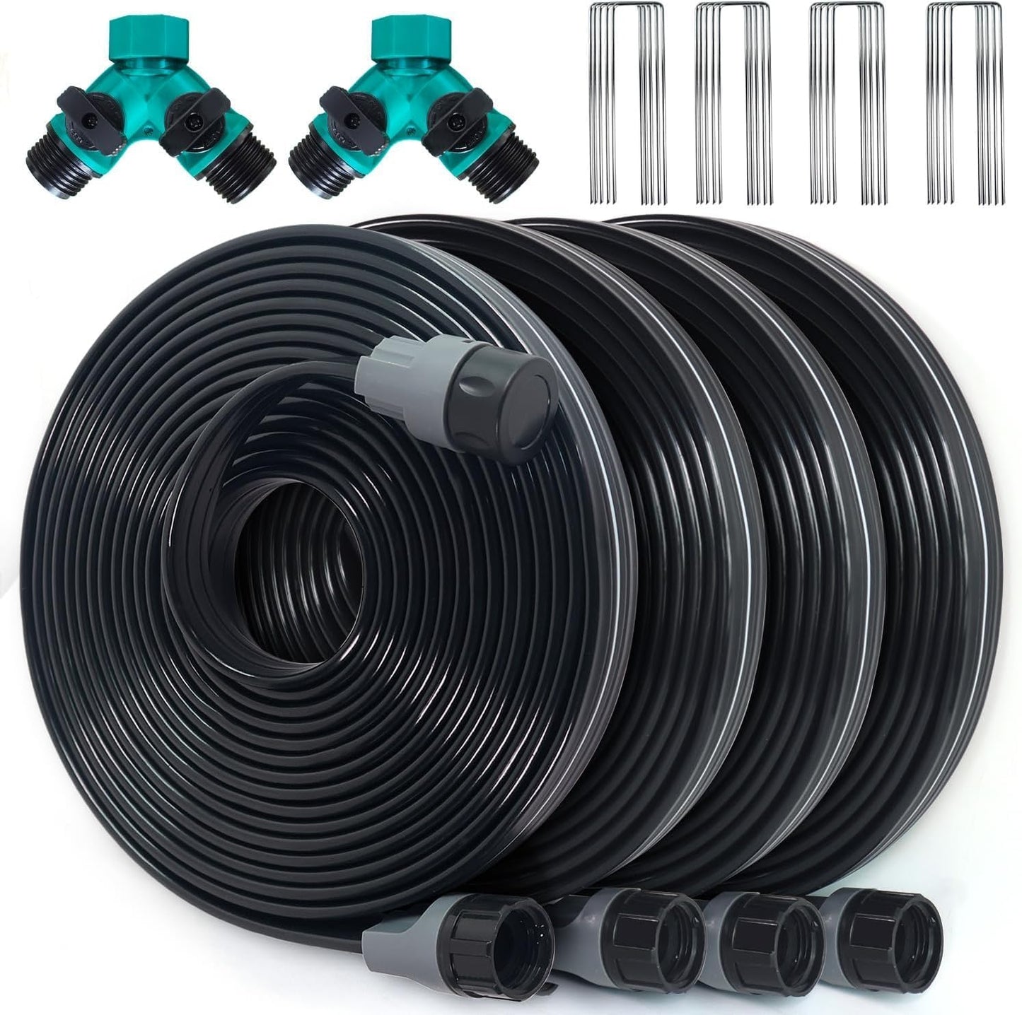 Sprinkler Hose with Holes, Flat Soaker Hoses 50 ft (25 ft 2pack) with Garden Staples and Splitters, PVC Drip Line Irrigation Watering Hoses for Lawn,Garden Beds (50 ft)