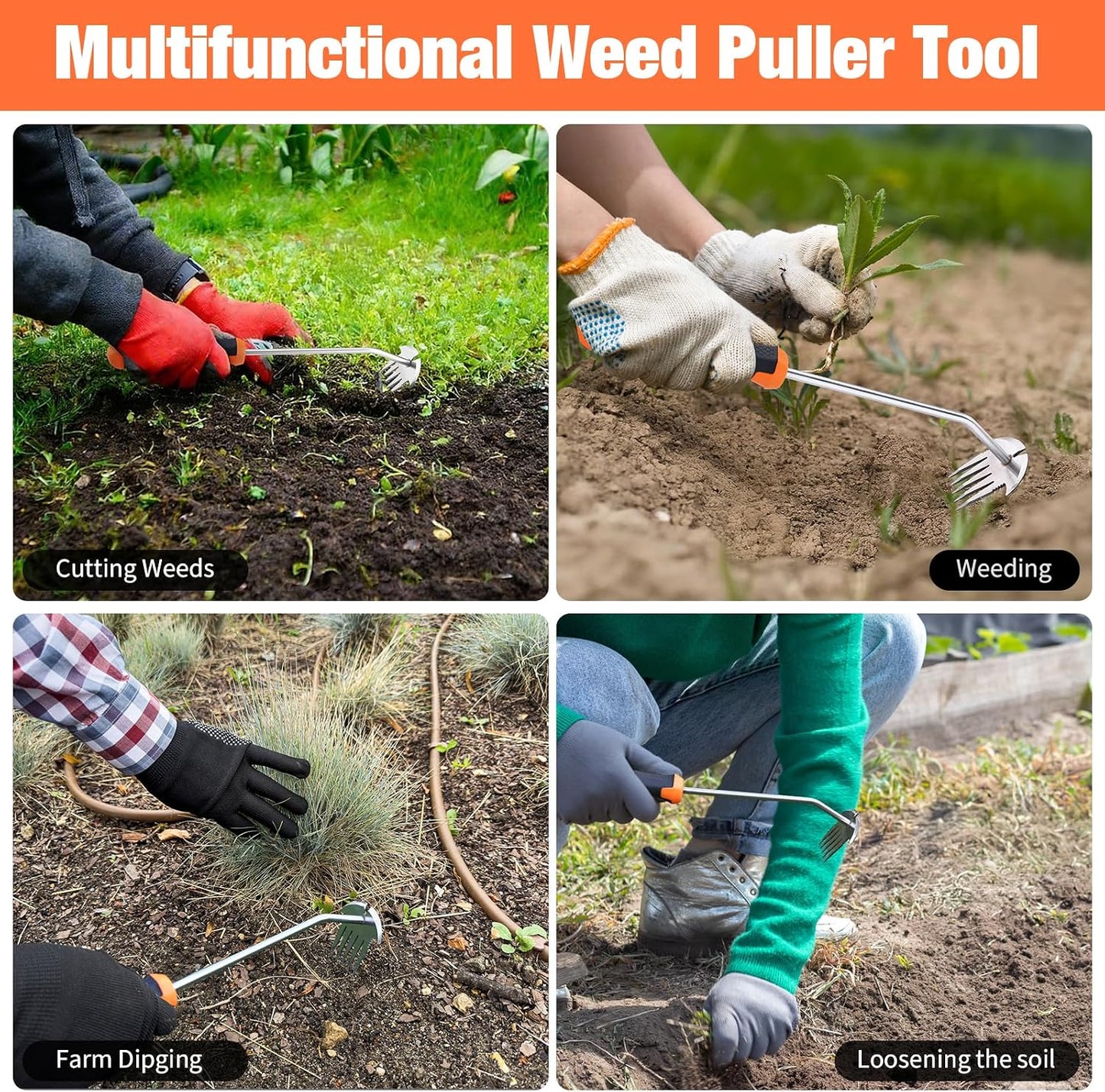 Weed Puller Tool, Portable Garden Weeder Tool, 2026 New Model Rubber Non-Slip Handle Stainless Steel 5-Teeth Weeding Tool, Garden Tools for Vegetable Gardening Backyard Farm Planting & Weeding Tool