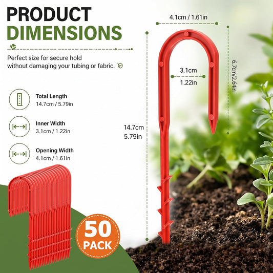 50 Pcs 5.79 Inch Drip Irrigation Hold Down Stakes U-Shaped Barbed Hose Stakes Red Plastic Hose Hold-Down Anchor for Lawn Drip System, Soaker Lines, Garden Irrigation System