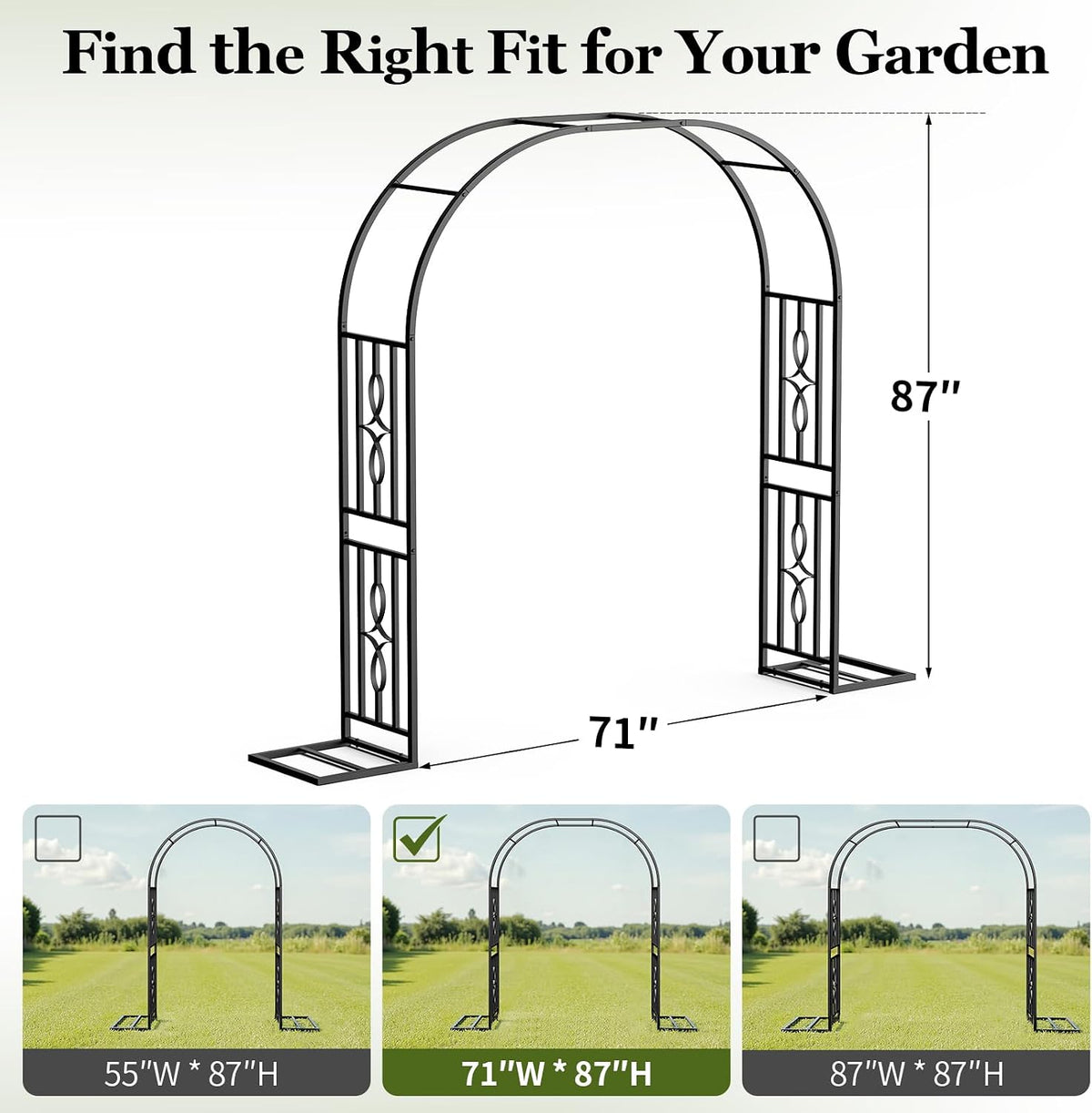 Metal Garden Arch, Heavy Duty Garden Trellis for Climbing Plants, with Enlarged Base for Stability, Ideal for Wedding Arches & Party Decorations, 55" W x 86" H