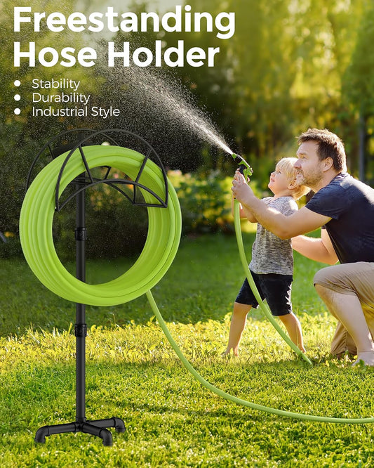 Freestanding Garden Water Hose Storage Holder Stand for Outside, 160-Ft Hose Heavy Duty Metal Hanger Reel Organizer Outdoor Yard Lawn, Standing Keeper Rack with Ground Stake, Black GHH01B