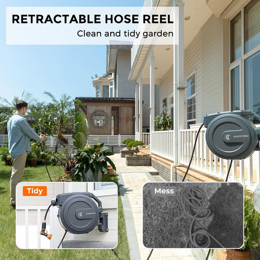 Garden Hose Nozzle 9 Adjustable Spray Modes Water Gun for Hose Reel and Retractable Garden Hose Reel 1/2 Inch x 130ft, Super Heavy Duty, Any Length Lock, Slow Return System, Wall Mounted