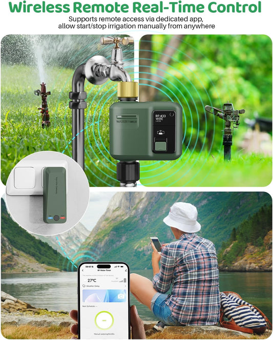 WiFi Water Timer for Garden Hose, Smart Sprinkler Controller with 984ft RF Range, Smart Lawn Watering System Irrigation Timer, APP/Voice Control, Rain Delay, Manual Irrigation (Brass Inlet)