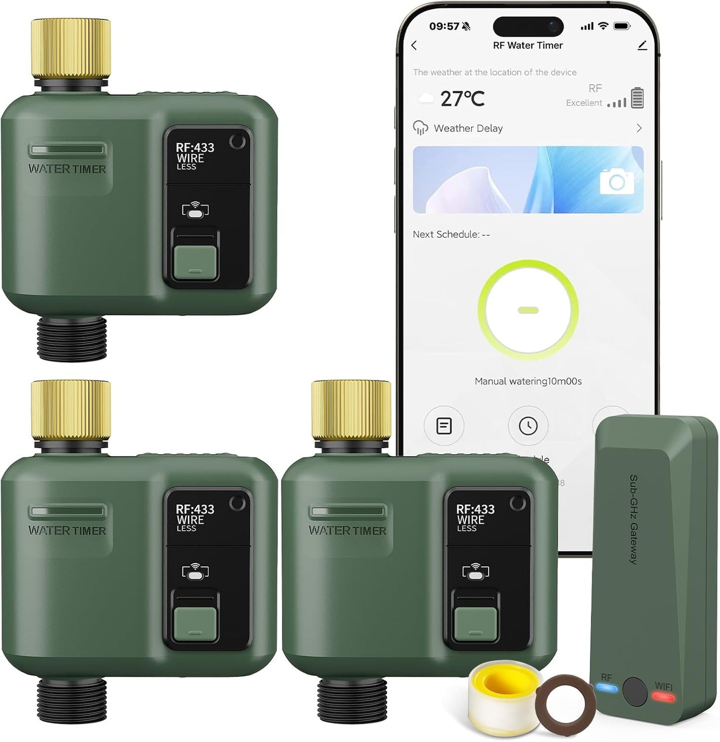 WiFi Water Timer for Garden Hose, Smart Sprinkler Controller with 984ft RF Range, Smart Lawn Watering System Irrigation Timer, APP/Voice Control, Rain Delay, Manual Irrigation (Brass Inlet)