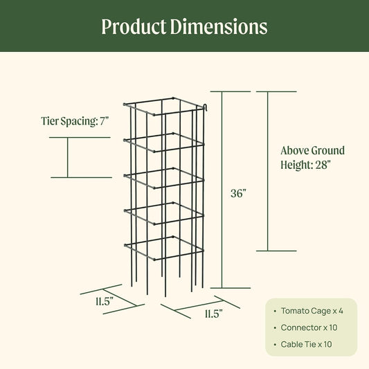 4 Pack 11.5" Square Tomato Cage for Garden & Pots, Rust-Resistant Tomato Stakes Heavy Gauge Plant Cage Trellis Support for Climbing Vegetables Plants