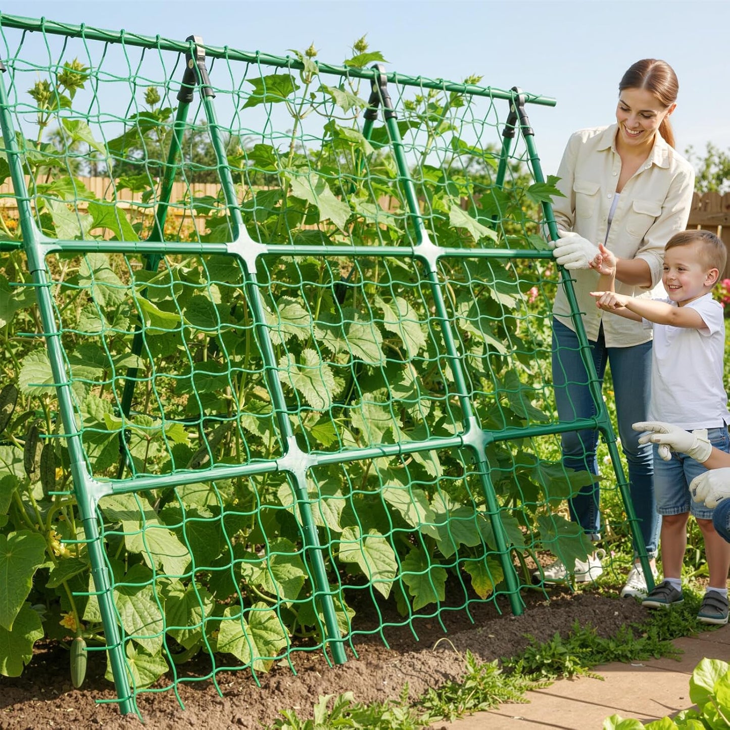 A-Frame Cucumber Trellis for Raised Bed - 63”H x 47”W, Heavy-Duty Detachable Garden Trellis with Netting & Clips, Support for Climbing Outdoor Cucumber, Tomatoes, Luffa, Bitter Melon, Vining Flowers