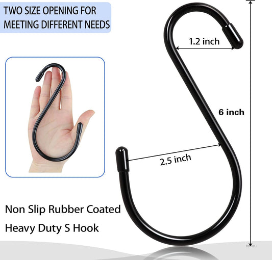 DINGEE 12 Pack 6 Inch Large S Hooks, Heavy Duty Vinyl Coated Non-Slip Metal Black Hooks for Hanging, Closet Kitchen Bathroom Garden Hooks for Pots Pans Clothes Plants Jeans Towels