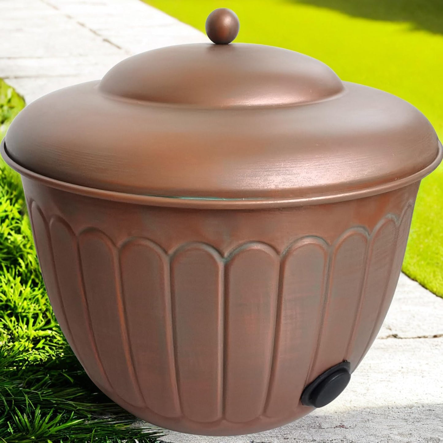BSTGIFTS Garden Water Hose Holder - Decorative Metal Pot, Metal Hose Storage Pot, Garden Storage Organizer, Patio Portable Bucket - Antique Copper Accents, Holds up to 100ft Hoses (Embossed)