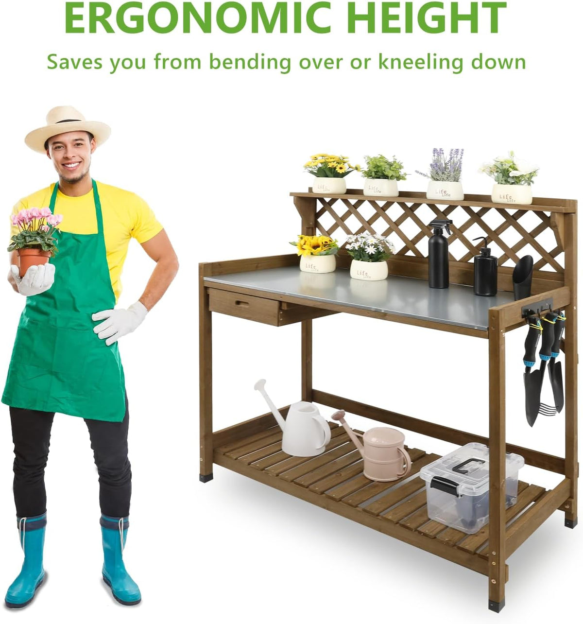 PetsCosset Folding Garden Potting Bench Table,Outdoor Wooden Work Station W/Metal Table Top,2 Tier Open Storage Rack,Top Shelf-Natural Stained