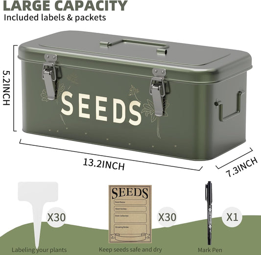 Orionstar Metal Seed Storage Organizer, 4 Compartments Saving Box with 30 Envelopes & Labels, Garden Organization Bin for Heirloom Protection, Vintage Dark Green