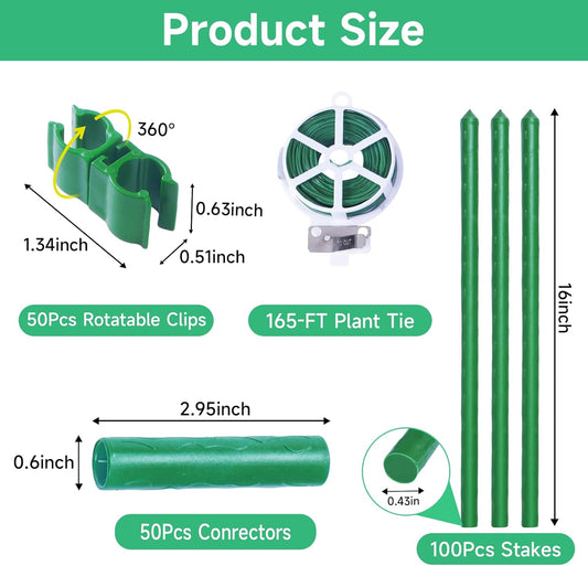100 Pcs Tomato Stakes 16 Inch Garden Stakes for Outdoor Plants Support Plastic Coated Metal Plant Stakes Supports for Climbing Potted Plants with 50 Connectors 50 Rotatable Clips 165 Ft Twist Tie