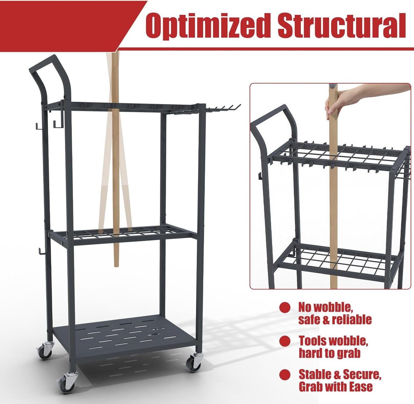 Faesun Garden Tool Organizer, 3-Tier Metal Yard Tool Rack with 14 Hooks & 5 Slots, Holds 50+ Rakes/Shovels/Brooms, Heavy Duty Freestanding Lawn Tool Storage for Garage Shed Outdoor Organization