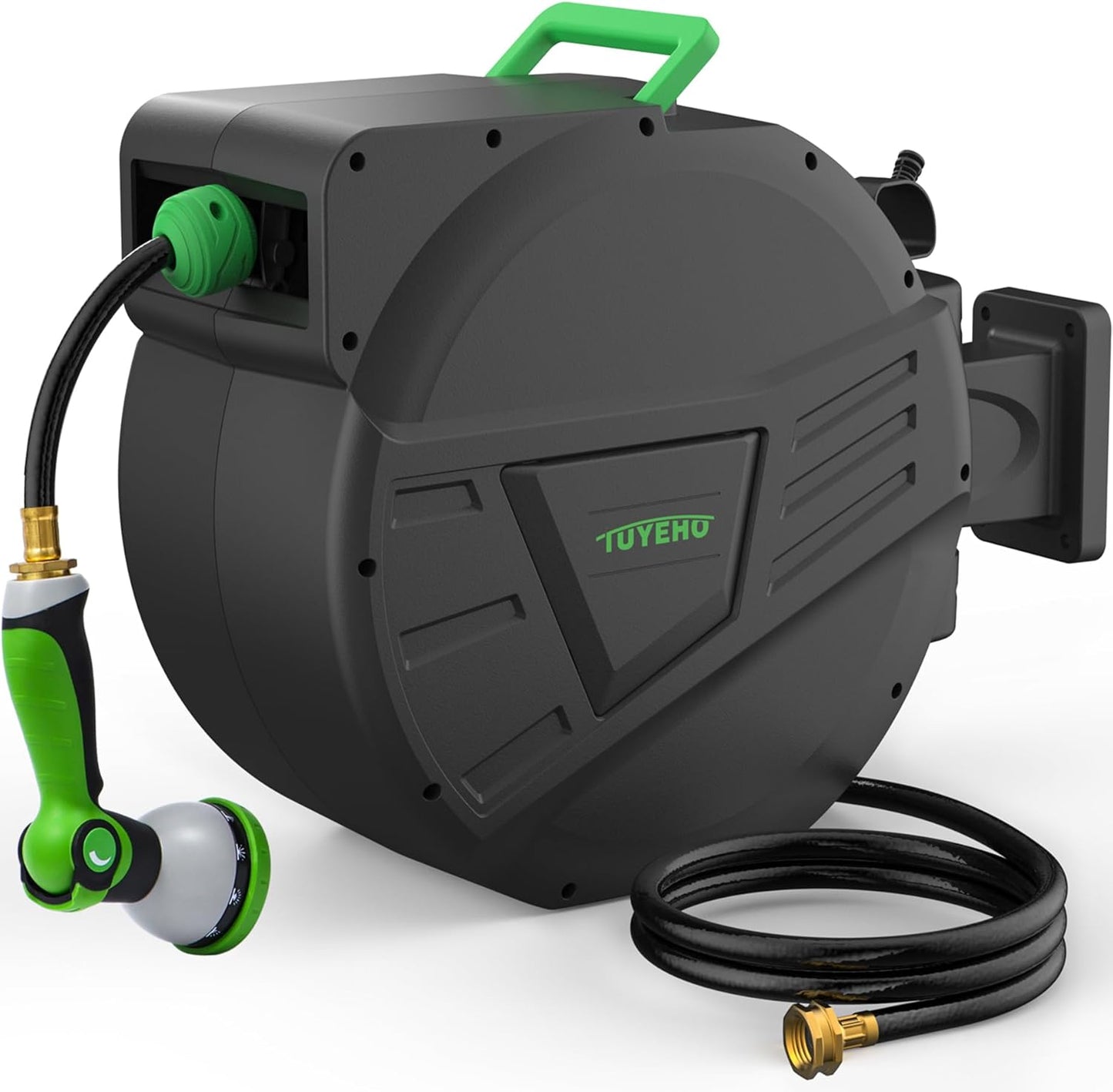 Tuyeho Retractable Garden Hose Reel 100FT, Wall Mount Heavy Duty Water Hose Reels with Automatic Slow Rewind System, Outdoor Hoses Reel with 2 Hose Nozzles for Garden Watering, Car Wash, Pet Shower