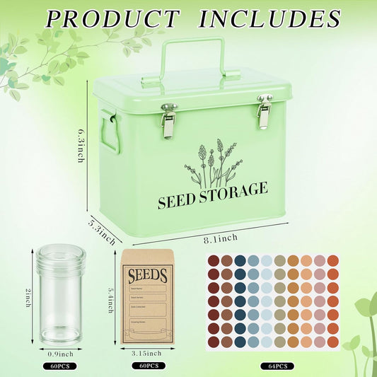 60 Slots Seed Storage Box with 4 Dividers, Metal Seed Storage Organizer Saving Box, Seeds Packet Container, Professional All-in-One Kit with 60 Seeds Envelopes and Label Stickers