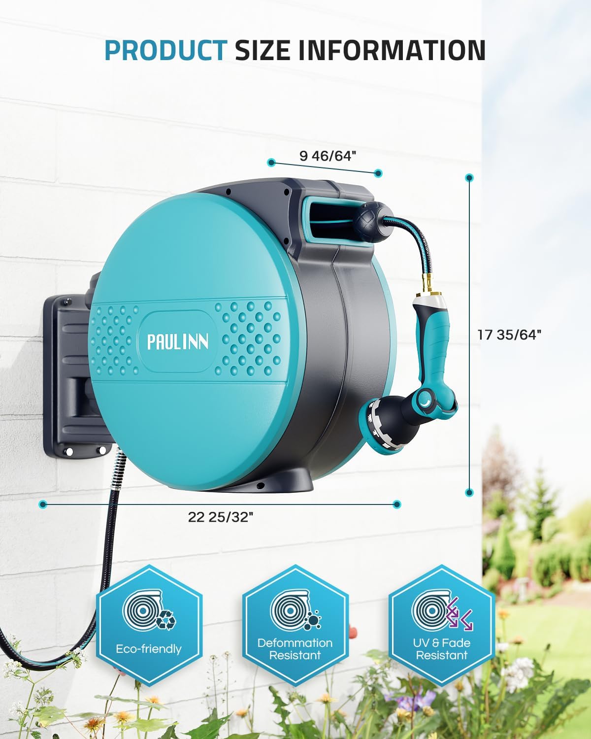 PAULINN Retractable Garden Hose Reel 1/2 Inch x 100 ft, Heavy Duty Wall Mounted Automatic Hose Reel with 10 Patterns Nozzle, Any Length Lock, Slow Return System, 180° Swivel Bracket & UV Resistant