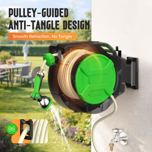 Retractable Garden Hose Reel 1/2" 100ft, 2-in-1 Wall Mount & Portable Auto Rewind Water Hose Reel with Any Length Lock & 180° Swivel, Heavy Duty Outdoor Hose Storage for Garden, Patio and Car Washing