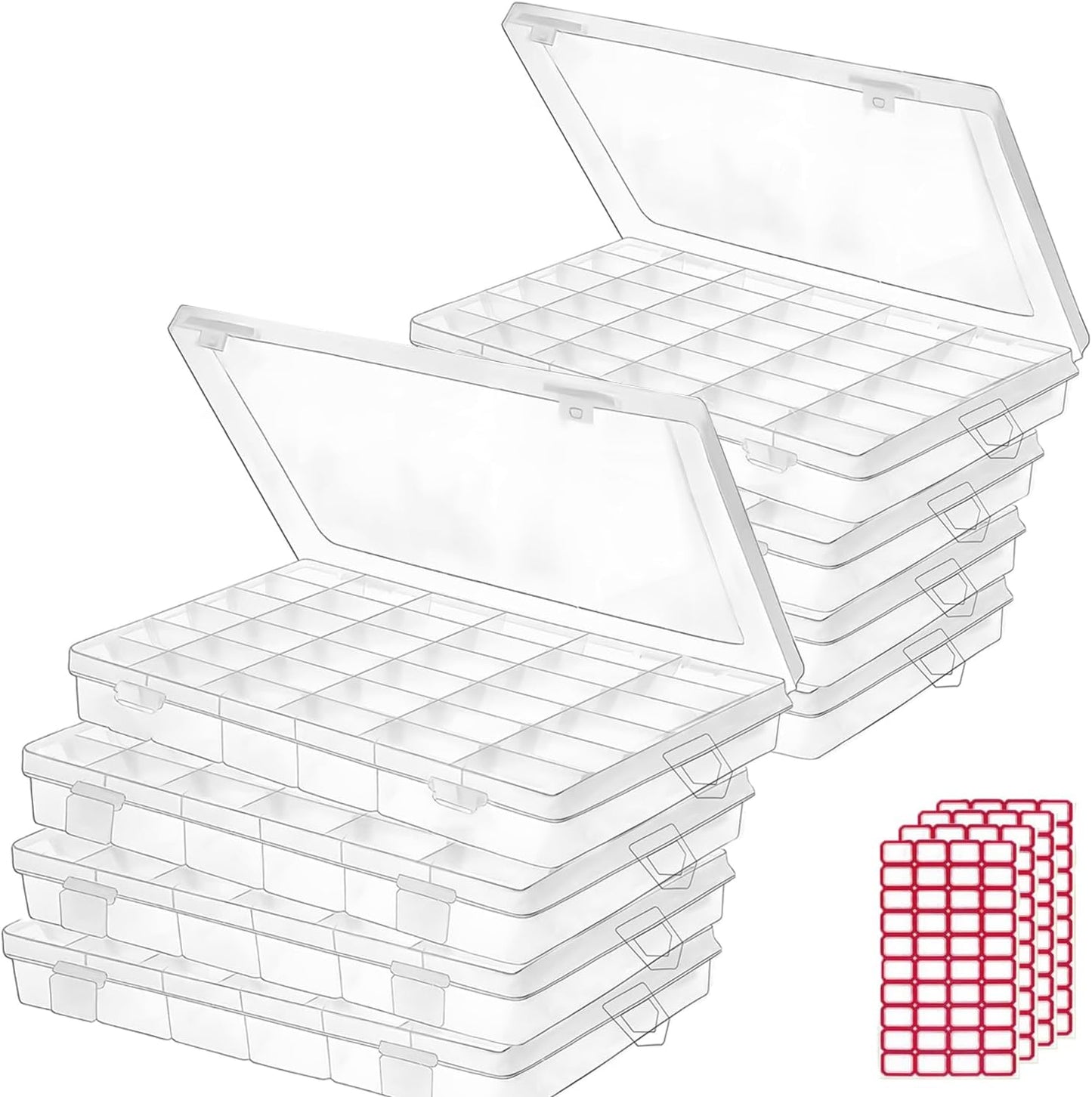 Budreu 4pack 36 Grids Plastic Clear Organizer Box Bead Storage Containers with Adjustable Dividers for Craft Jewelry Fishing Tackles Parts Storage with 4 Sheets Label Stickers