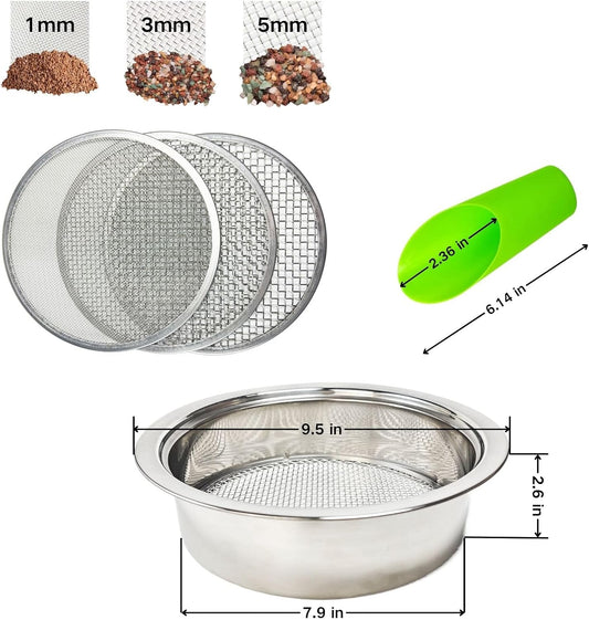 Soil Sifter for Gardening, 12 Inch Stainless Steel Soil Sifter with 4 Replaceable Fine Screens and Shovel, Sieve for Sand Rocks Dirt Compost