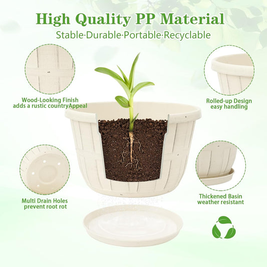 Quarut 14 Inch Plastic-Flower-Pot-for-Indoor-Plants, 4 Pack Large Outdoor Planter Pot with Drainage Holes & Saucers, Resin Decorative Garden Pots Planters(Brown)