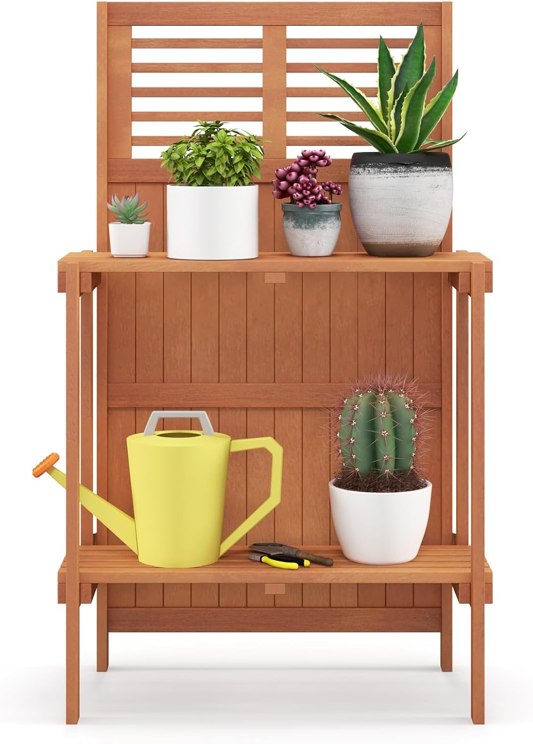 Giantex Folding Potting Bench, 2-Tier Gardening Workstation w/Storage Shelves, Wood Outdoor Potting Table for Garden, Yard, Balcony, Easy Assembly, Natural