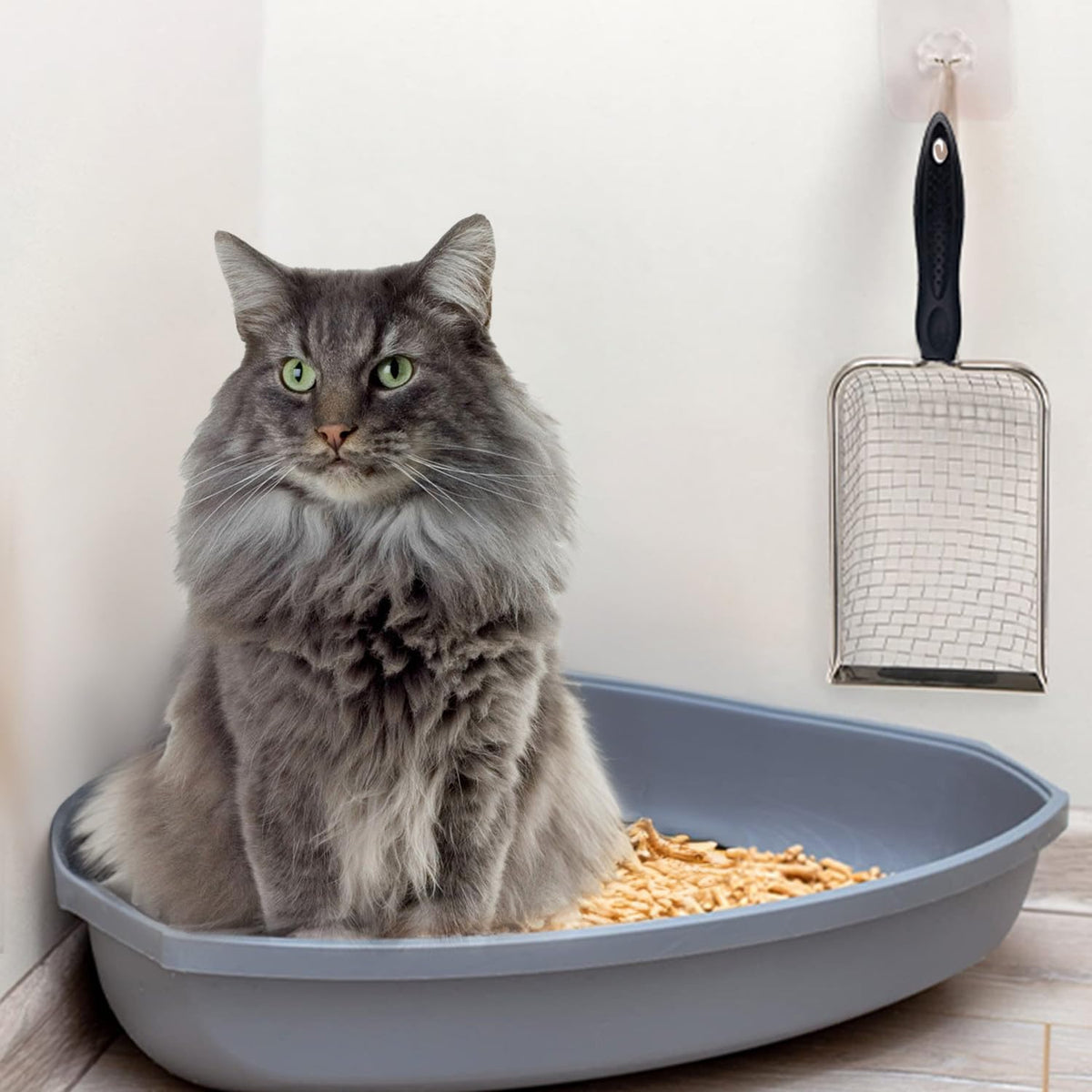 Cat Litter Scoop Stainless Steel Mesh Scooper Long Handle Deep Shovel Non-Stick Coated Metal Litter Scoop for Litter Box Kitten Pooper Lifter (Hole:3.8mm/Regular Cat Litter Scoop)