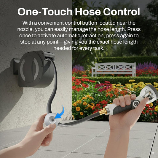 Betta EaseReel Battery-Powered Wall-Mounted Retractable Hose Reel, with Quick-Access Dual Hose Length Control, 8 Spray Patterns Nozzle, Automatic Roll-Up & Tangle-Free Hose Guide (1/2'', 100FT/30m)