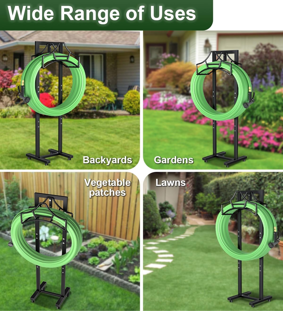 Garbuildman Garden Hose Holder with 3 Spikes, Freestanding Metal Hose Stand for Outdoor Garden, Detachable Hose Storage Rack for Lawn & Yard, Volcano Black