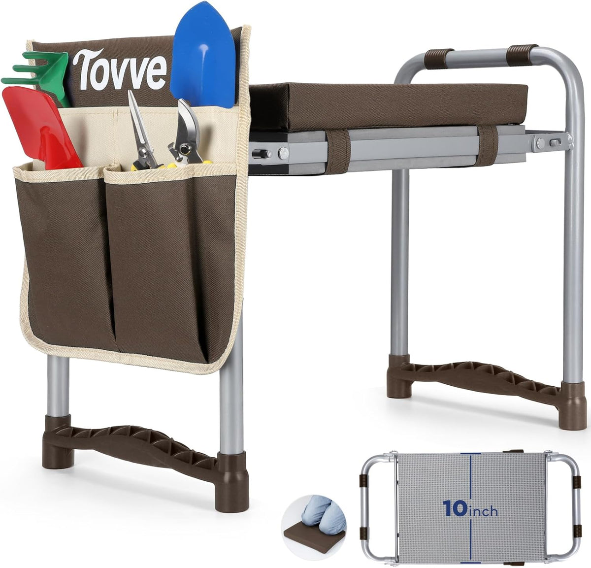 Tovve Foldable Garden Kneeler and Seat, Heavy Duty Garden Stool with 10" Wide Detachable Kneeling Pad, Portable Garden Bench Chair with Large Garden Tool Bag, Gardening Gifts for Women, Seniors, Mom