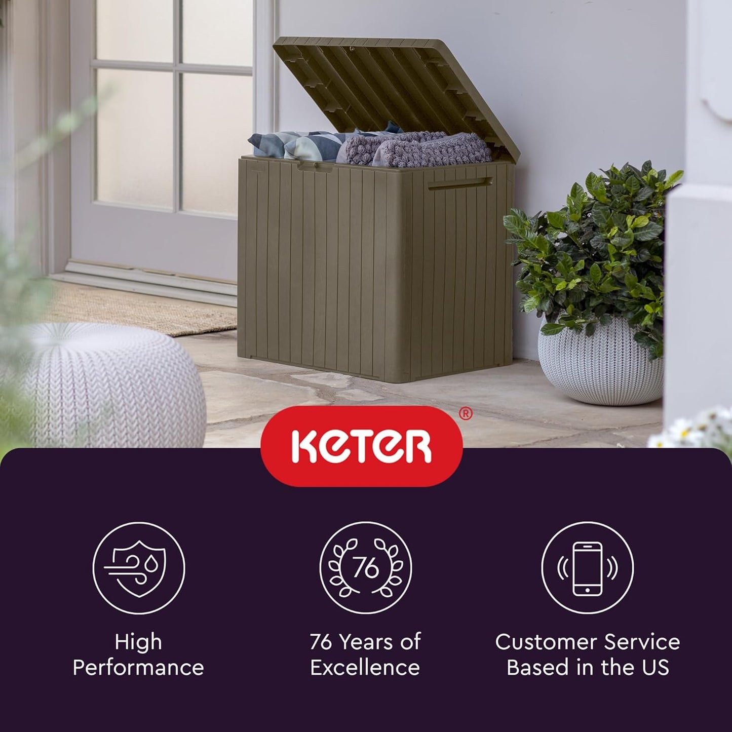 Keter City 30 Gallon Resin Outdoor Storage Box and Patio Furniture Side Table for Pool and Garden Accessories, Brown