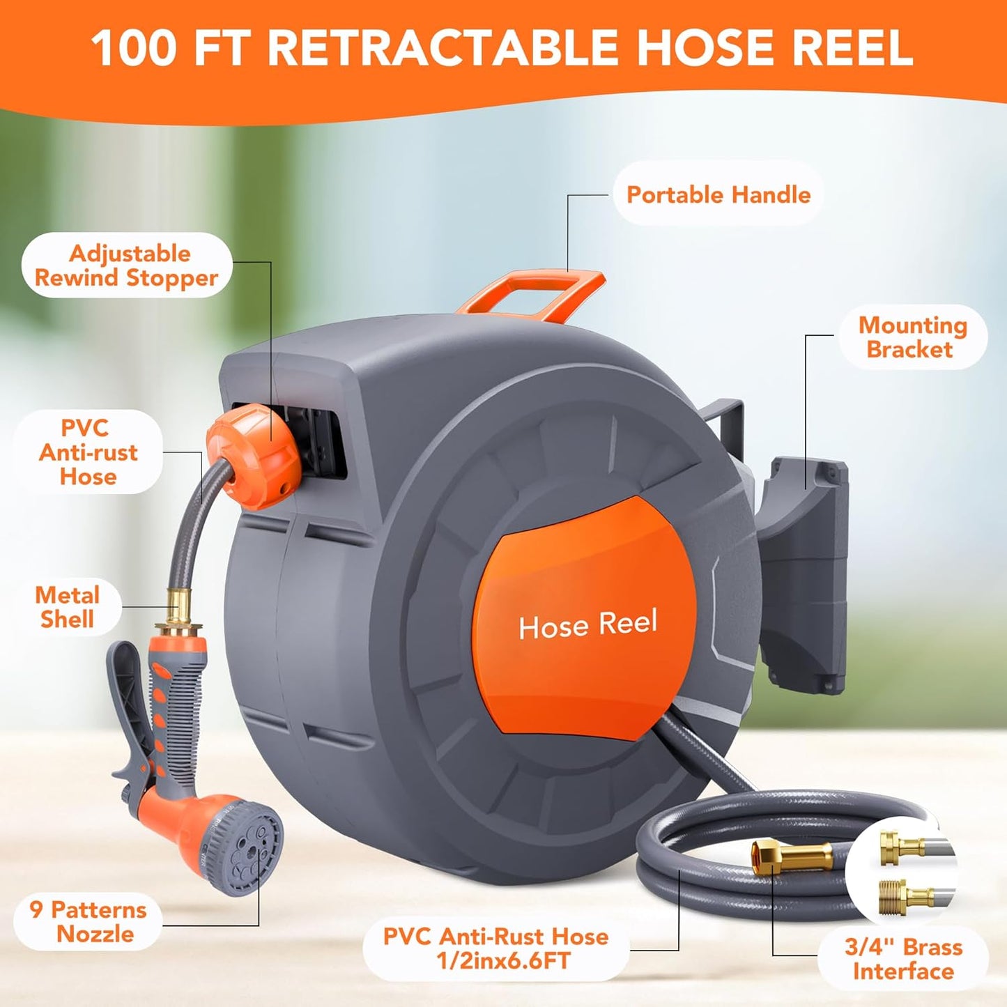 Garvee Retractable Garden Hose Reel - 1/2 in x 72 Ft, Wall Mounted, 9-Function Sprayer, Any Length Lock, 180° Swivel, Automatic Rewind & Slow Return System