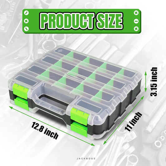 Jack Boss Tool Box with Transparent Lid, Double Side 34-Compartments Organizer Box with Removable Dividers for Hardware, Screws, Bolts, Nails, Beads, Jewelry and Fishing Accessories, Orange, 2 Pack
