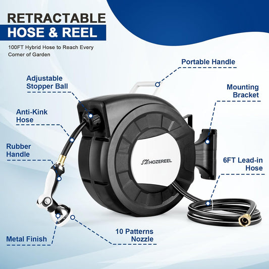 100 FT x 1/2" Retractable Garden Hose Reel by HOZEREEL, Decorative Outdoor Garden Hose Reels - Automatic Self Retract Wall Mount Hose Reel Enclosed Storage, Any Length Lock, 10 Pattern Nozzle Black