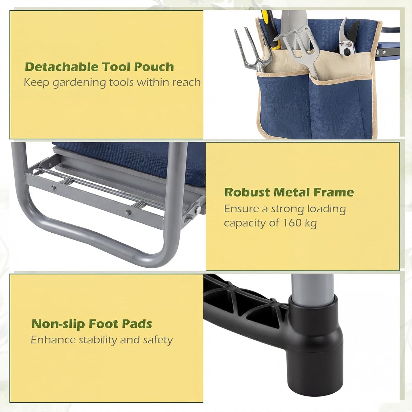 2-in-1 Garden Kneeler & Seat, Folding Seat w/EVA Foam Kneeling Pad & Removable Tools Pouch, Sturdy Steel Frame, No Assembly, Portable Heavy Duty Garden Stool for Women & Men