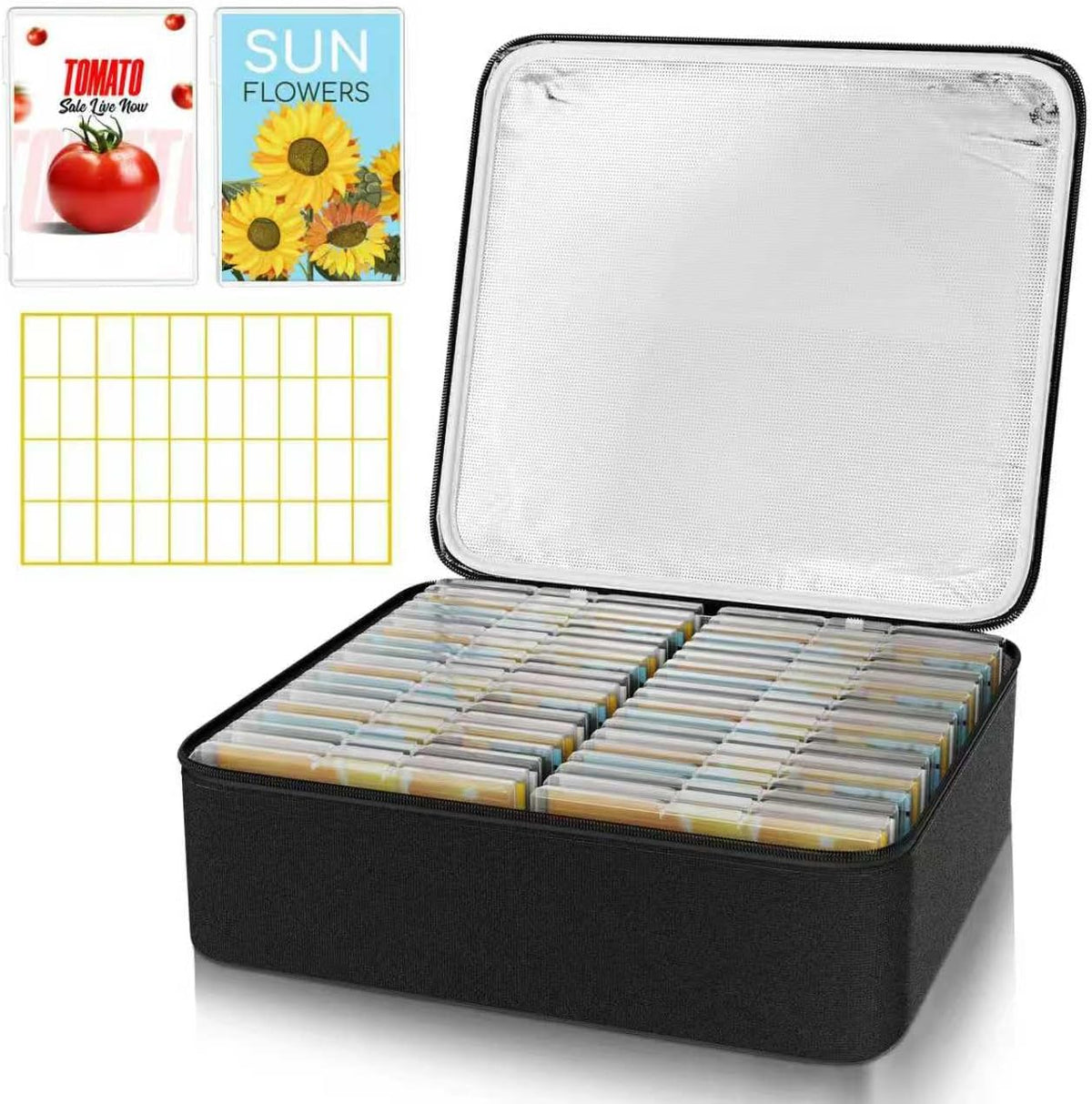 26 Slots Seed Storage Organizer Box with Insulated Bag That Holds 80-200 Seed Envelopes, Oxford Cloth Garden Seed Containers with Labels, Seed Packet Organizer for Plant, Flower ,Vegetable Seeds