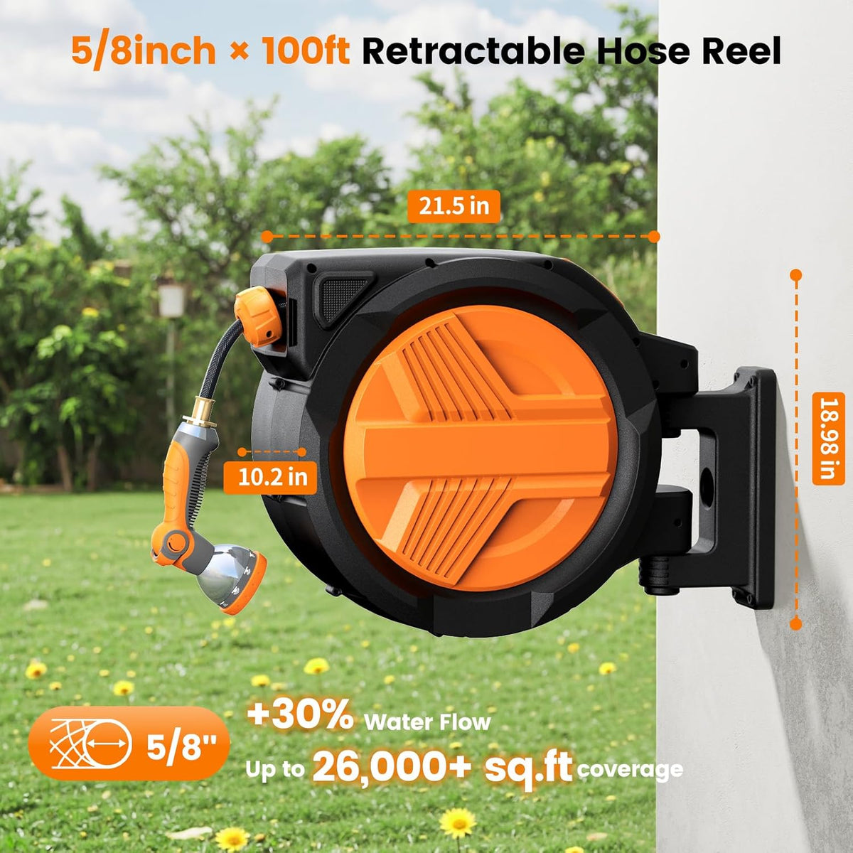 Retractable Garden Hose Reel 1/2” x 100ft, Auto Rewind Hose Reels for Outside, Heavy-Duty Wall-Mounted Outdoor Hose, 10-Mode Nozzle, Adjustable Length, 180° Rotation for Watering, Car Washing